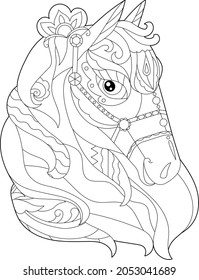 Contour linear illustration for coloring book with decorative horse head. Animal,  anti stress picture. Line art design for adult or kids  in zen-tangle style, tattoo and coloring page.