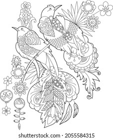 Contour linear illustration for coloring book with paradise birds in flowers. Tropic birds,  anti stress picture. Line art design for adult or kids  in zen-tangle style, tattoo and coloring page.