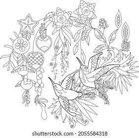 Dibujo lineal de contorno para colorear libro con aves paradisíacas en flores. Colibri tropical, foto anti estrés. Diseño de líneas de arte para adultos o niños en estilo zen-margle, tatuajes y página de coloreo.