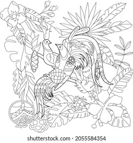 Contour linear illustration for coloring book with paradise birds in flowers. Tropic birds,  anti stress picture. Line art design for adult or kids  in zen-tangle style, tattoo and coloring page.