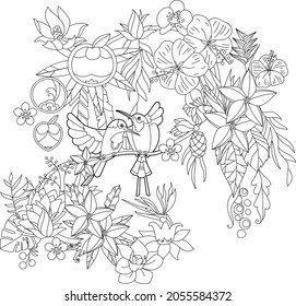 Contour linear illustration for coloring book with paradise birds in flowers. Tropic bird,  anti stress picture. Line art design for adult or kids  in zen-tangle style, tattoo and coloring page.
