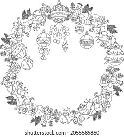 Contour linear illustration for coloring book with Christmas wreath.  Traditional winter decoration,  anti stress picture. Line art design for adult or kids  in zen-tangle style and coloring page.