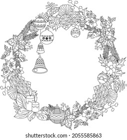 Contour linear illustration for coloring book with Christmas wreath.  Traditional winter decoration,  anti stress picture. Line art design for adult or kids  in zen-tangle style and coloring page.