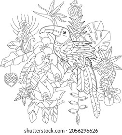 Contour linear illustration for coloring book with toucan bird in flowers. Tropic bird,  anti stress picture. Line art design for adult or kids  in zen-tangle style, tattoo and coloring page.