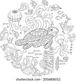 Contour linear illustration for coloring book with turtle in sea. Funny animal,  anti stress picture. Line art design for adult or kids  in zen-tangle style, tattoo and coloring page.
