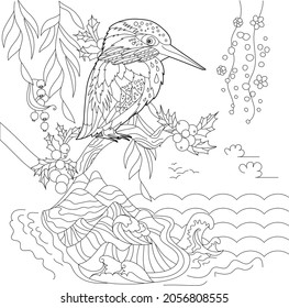 Contour linear illustration for coloring book with bird near water. Pretty kingfisher,  anti stress picture. Line art design for adult or kids  in zen-tangle style, tattoo and coloring page.
