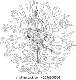 Contour linear illustration for coloring book with bird in flowers. Beautiful heron,  anti stress picture. Line art design for adult or kids  in zen-tangle style, tattoo and coloring page.
