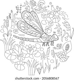 Contour linear illustration for coloring book with dragonfly in flowers. Beautiful insect,  anti stress picture. Line art design for adult or kids  in zen-tangle style, tattoo and coloring page.
