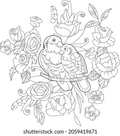 Contour linear illustration for coloring book with paradise birds in flowers. Tropic parrots,  anti stress picture. Line art design for adult or kids  in zen-tangle style, tattoo and coloring page.