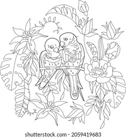 Contour linear illustration for coloring book with paradise birds in flowers. Tropic parrots,  anti stress picture. Line art design for adult or kids  in zen-tangle style, tattoo and coloring page.
