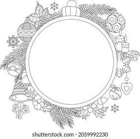 Contour linear illustration for coloring book with Christmas ball.  Traditional winter decoration,  anti stress picture. Line art design for adult or kids  in zen-tangle style and coloring page.