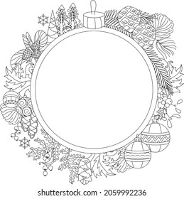 Contour linear illustration for coloring book with Christmas ball.  Traditional winter decoration,  anti stress picture. Line art design for adult or kids  in zen-tangle style and coloring page.