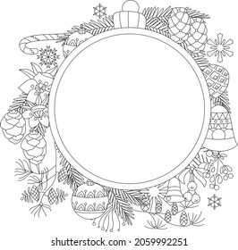 Contour linear illustration for coloring book with Christmas ball.  Traditional winter decoration,  anti stress picture. Line art design for adult or kids  in zen-tangle style and coloring page.