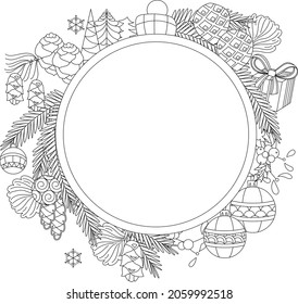 Contour linear illustration for coloring book with Christmas ball.  Traditional winter decoration,  anti stress picture. Line art design for adult or kids  in zen-tangle style and coloring page.