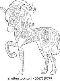 Contour linear illustration for coloring book with decorative horse. Beautiful animal,  anti stress picture. Line art design for adult or kids  in zen-tangle style, tatoo and coloring page.