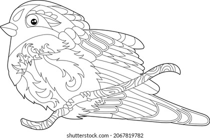 Contour linear illustration for coloring book with decorative pretty waxwing. Beautiful cute bird,  anti stress picture. Line art design for adult or kids  in zen-tangle style, tatoo and coloring page
