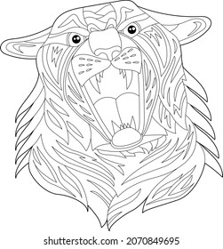 Contour linear illustration for coloring book with decorative tiger head. Beautiful  animal, anti stress picture. Line art design for adult or kids in zen-tangle style, tattoo and coloring page.
