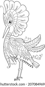 Contour linear illustration for coloring book with decorative pretty heron. Beautiful cute bird, anti stress picture. Line art design for adult or kids in zen-tangle style, tatoo and coloring page.