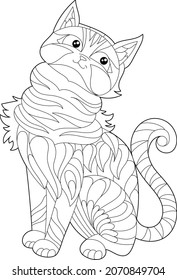 Contour linear illustration for coloring book with decorative domestic cat. Beautiful animal, anti stress picture. Line art design for adult or kids in zen-tangle style, tattoo and coloring page.