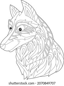 Dibujo lineal de contorno para libro de coloreo con cabeza decorativa de perro. Hermosa mascota, animal, foto anti estrés. Diseño de líneas de arte para adultos o niños en estilo zen-margle, tatuajes y página de coloreo.