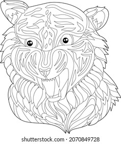 Contour linear illustration for coloring book with decorative tiger head. Beautiful  animal, anti stress picture. Line art design for adult or kids in zen-tangle style, tattoo and coloring page.

