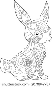 Dibujo lineal de contorno para libro de coloreo con conejo decorativo de Pascua. Hermoso animal, foto anti estrés. Diseño de líneas de arte para adultos o niños en estilo zen-margle, tatuajes y página de coloreo.