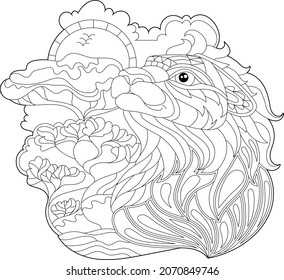 Contour linear illustration for coloring book with decorative lion head. Beautiful  animal, anti stress picture. Line art design for adult or kids in zen-tangle style, tattoo and coloring page.

