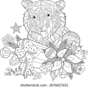 Contour linear illustration for coloring book with decorative tiger head. New year symbol with Christmas decor. Line art design for adult or kids in zen-tangle style, tattoo and coloring page.