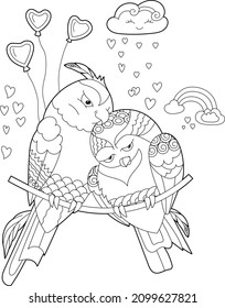 Contour linear illustration for coloring book with two pretty birds. Beautiful cute couple,  anti stress picture. Line art design for adult or kids  in zen-tangle style and coloring page