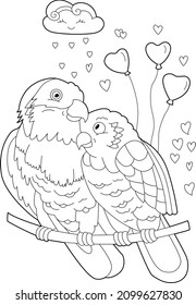 Ilustración lineal de contorno para el libro de colorear con dos bonitas aves. Hermosa pareja linda, foto anti estrés. Diseño de líneas de arte para adultos o niños en un estilo zen-enmarañado y página de colores