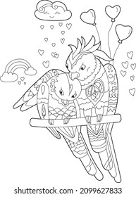 Contour linear illustration for coloring book with two pretty birds. Beautiful cute couple,  anti stress picture. Line art design for adult or kids  in zen-tangle style and coloring page