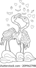 Contour linear illustration for coloring book with two pretty birds. Beautiful cute couple,  anti stress picture. Line art design for adult or kids  in zen-tangle style and coloring page