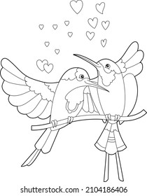 Contour linear illustration for coloring book with two hummingbirds. Beautiful cute couple,  anti stress picture. Line art design for adult or kids  in zen-tangle style, tattoo and coloring page