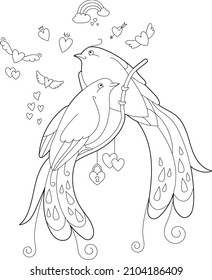 Contour linear illustration for coloring book with two pretty birds. Beautiful cute couple,  anti stress picture. Line art design for adult or kids  in zen-tangle style, tattoo and coloring page