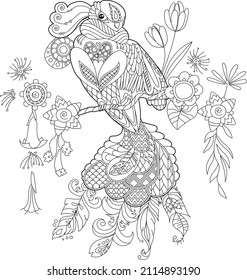 Contour linear illustration for coloring book with paradise bird in flowers. Tropic bird, anti stress picture. Line art design for adult or kids in zen-tangle style, tattoo and coloring page.