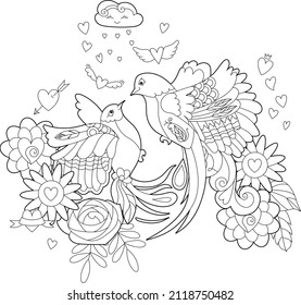 Contour linear illustration for coloring book with two pretty birds. Beautiful cute couple,  anti stress picture. Line art design for adult or kids  in zen-tangle style, tattoo and coloring page