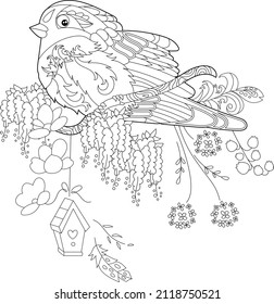 Contour linear illustration for coloring book with paradise bird in flowers. Tropic bird, anti stress picture. Line art design for adult or kids in zen-tangle style, tattoo and coloring page.