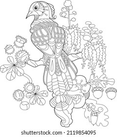 Contour linear illustration for coloring book with paradise bird in flowers. Tropic bird, anti stress picture. Line art design for adult or kids in zen-tangle style, tattoo and coloring page.