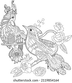 Contour linear illustration for coloring book with paradise birds in flowers. Tropic birds, anti stress picture. Line art design for adult or kids in zen-tangle style, tattoo and coloring page.