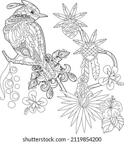 Contour linear illustration for coloring book with paradise bird in flowers. Tropic bird, anti stress picture. Line art design for adult or kids in zen-tangle style, tattoo and coloring page.
