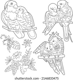 Contour linear illustration for coloring book with decorative parrot. Beautiful bird, anti stress picture. Line art design for adult or kids in zen-tangle style, tatoo and coloring page.