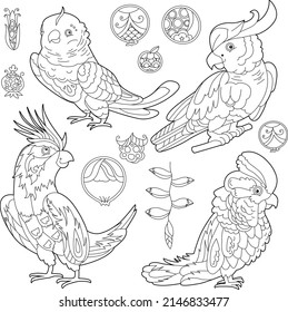 Contour linear illustration for coloring book with decorative parrot. Beautiful bird, anti stress picture. Line art design for adult or kids in zen-tangle style, tatoo and coloring page.