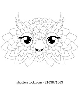 Contour linear illustration for coloring book with decorative owl head. Beautiful animal, anti stress picture vector illustration isolated on white background. 