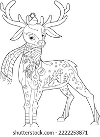 Contour linear illustration for coloring book with decorative deer. Beautiful animal moose, anti stress picture. Line art design for adult or kids in zen-tangle style, tatoo and coloring page.