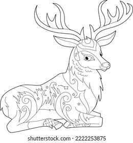 Contour linear illustration for coloring book with decorative deer. Beautiful animal moose, anti stress picture. Line art design for adult or kids in zen-tangle style, tatoo and coloring page.