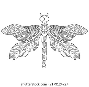 Contour linear illustration for coloring with decorative dragonfly. Beautiful insect, anti-stress picture. Linear art design for adults or children in the style of Zen ball, tattoo and coloring.