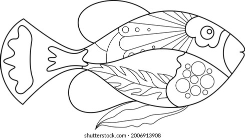 Contour linear illustration with fish  for coloring book. Cute ocean fish, anti stress picture. Line art design for adult or kids  in zentangle style and coloring page.