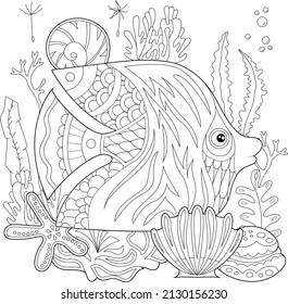 Contour linear illustration. Fish, seaweeds and ocean corals for coloring book. Cute objects, anti stress picture. Line art design for adult or kids in zentangle style and coloring page.