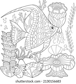 Contour linear illustration. Fish, seaweeds and ocean corals for coloring book. Cute objects, anti stress picture. Line art design for adult or kids in zentangle style and coloring page.
