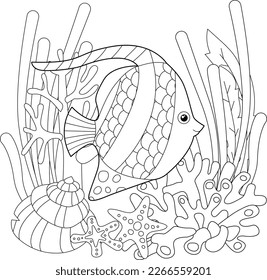 Lineare Abbildung. Fische, Algen und Meereskorallen zum Färben von Büchern. Geräumige Objekte, Anti-Stress-Bild. Line Art Design für Erwachsene oder Kinder in zentangle Stil und Farbseite.